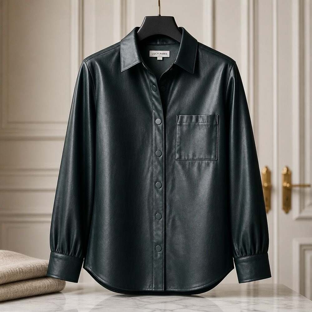 Lucy Paris Women's Dark Green Faux Leather Button-Front Shirt #1163